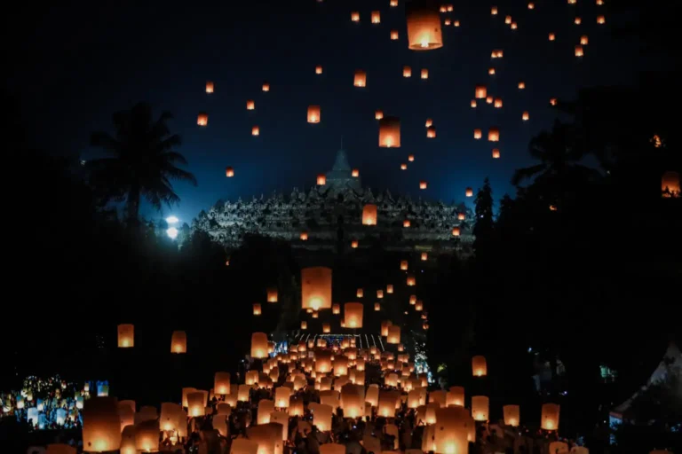 Lampions floating in the sky during Borobudur Lantern Festival