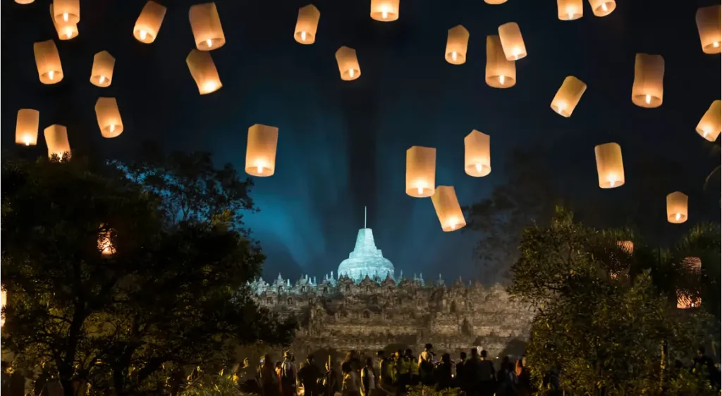 Borobudur Lantern Festival with glowing sky