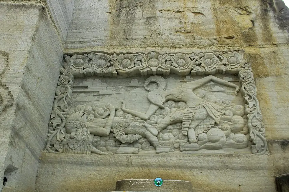 Close-up of limestone relief carvings at Breksi Cliff
