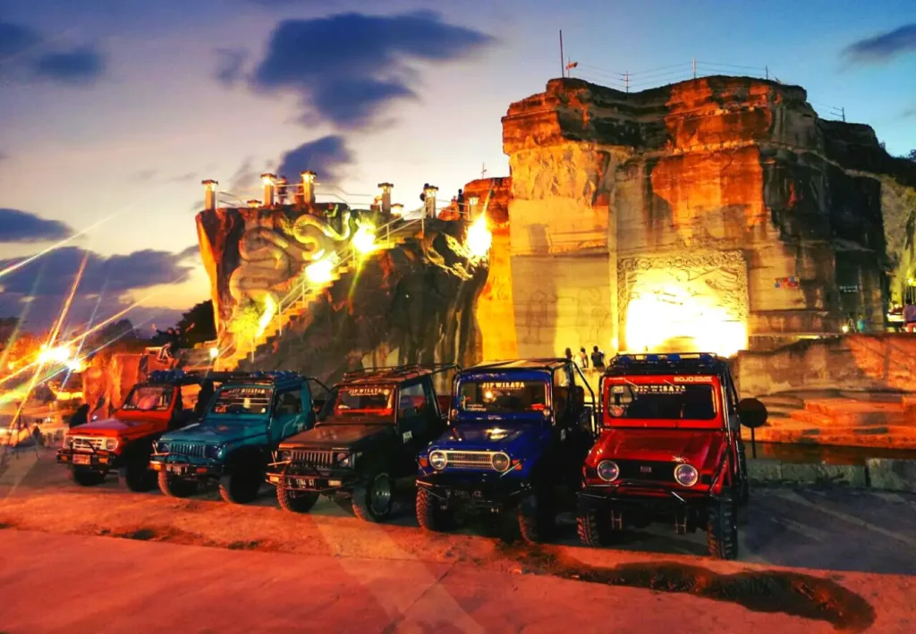 Open-top jeep navigating paths at Breksi Cliff
