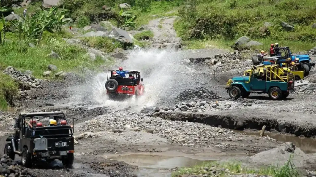 Jeep lava tour crossing Mount Merapi’s rocky terrain